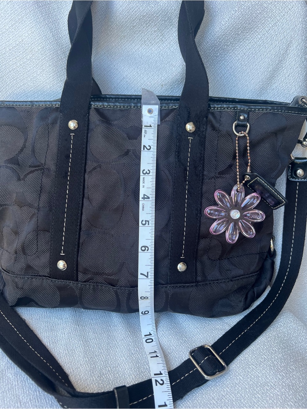 Coach Black Signature Tote with Purple Flower Charm - Picture 7 of 16